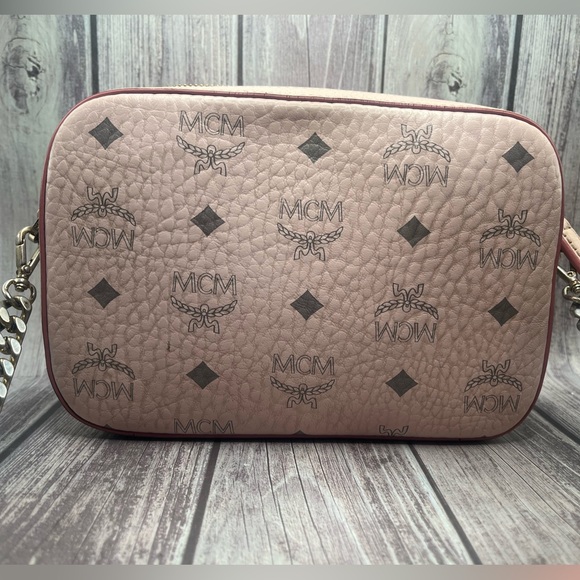 MCM Visetos Mini Camera Crossbody Bag Powder Pink Leather Chain Strap - Picture 8 of 16